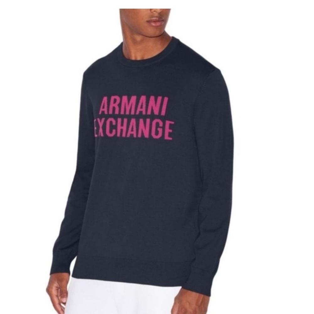 Armani Exchange Men's Dark Blue Sweater with Pink Logo